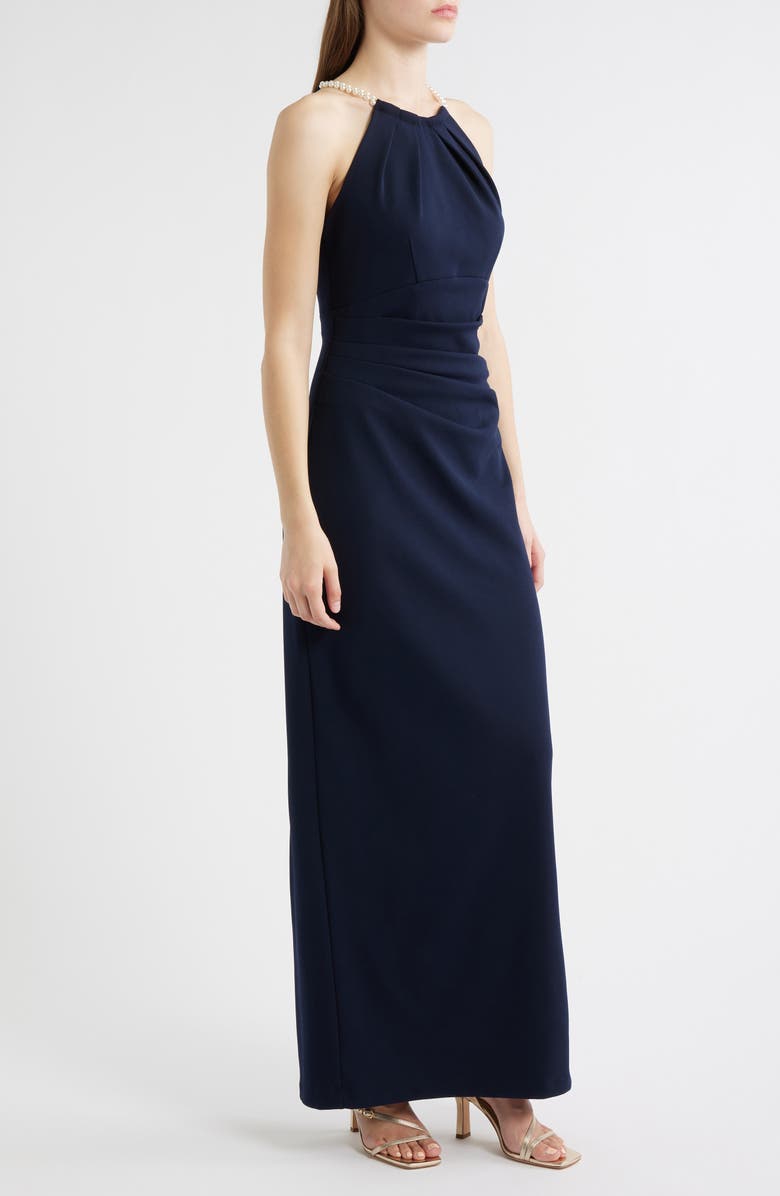 Eliza J Faux Pearl Neckline Gown, Alternate, color, Navy