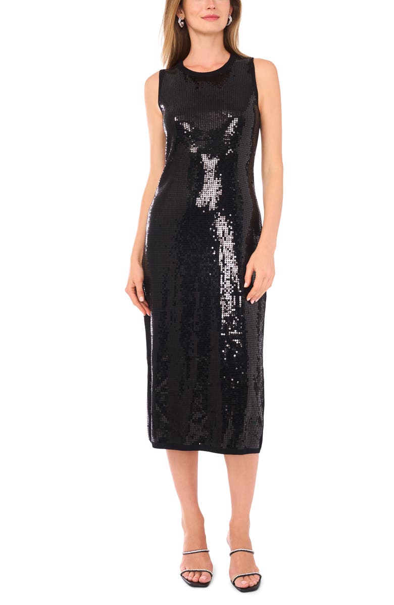 Vince Camuto Crewneck Sleeveless Sequin Midi Dress, Main, color, Rich Black