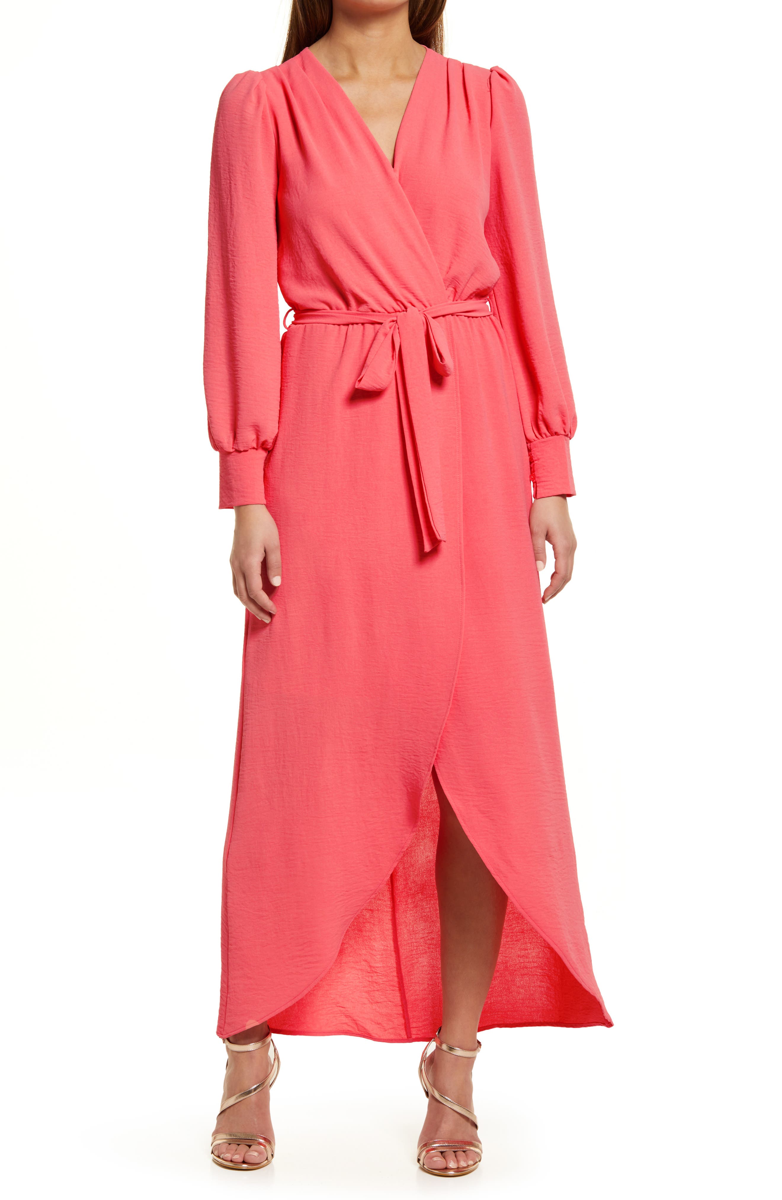 Fraiche by J Wrap Front Long Sleeve Dress in Coral