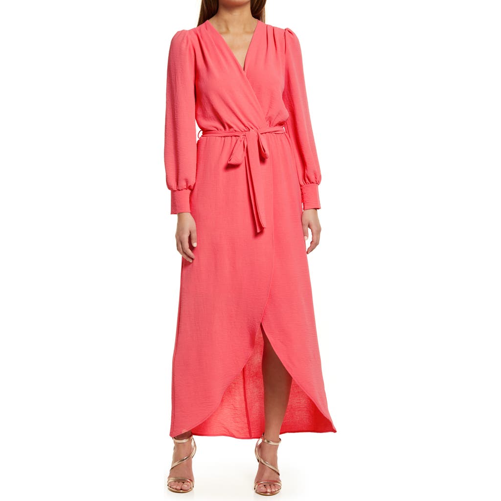 Fraiche by J Wrap Front Long Sleeve Dress in Coral