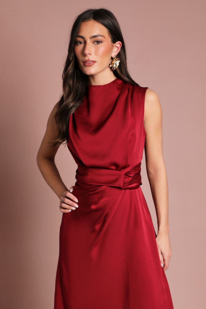 red midi satin dress Wine Red Satin A-Line Midi Dress