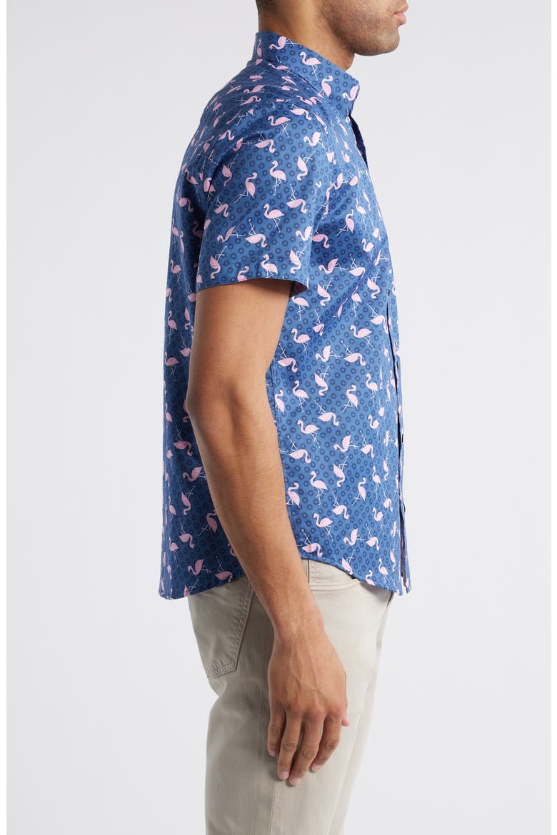 Flamingo Print Short Sleeve Button Up Shirt, Alternate, color, NAVY/ PINK