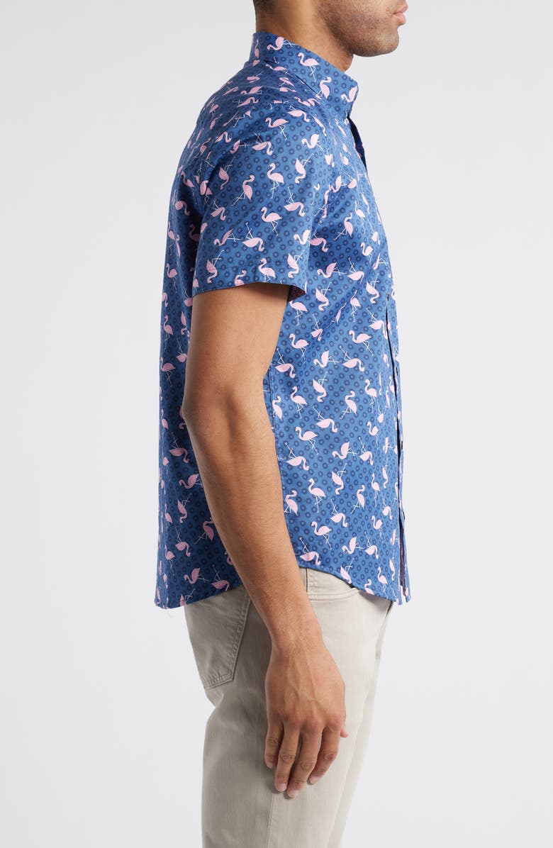 Johnston & Murphy Flamingo Print Short Sleeve Button Up Shirt, Alternate, color, Navy/ Pink