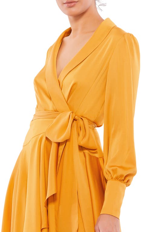 Mac Duggal Pleated High Low Short Wrap Dress In Marigold