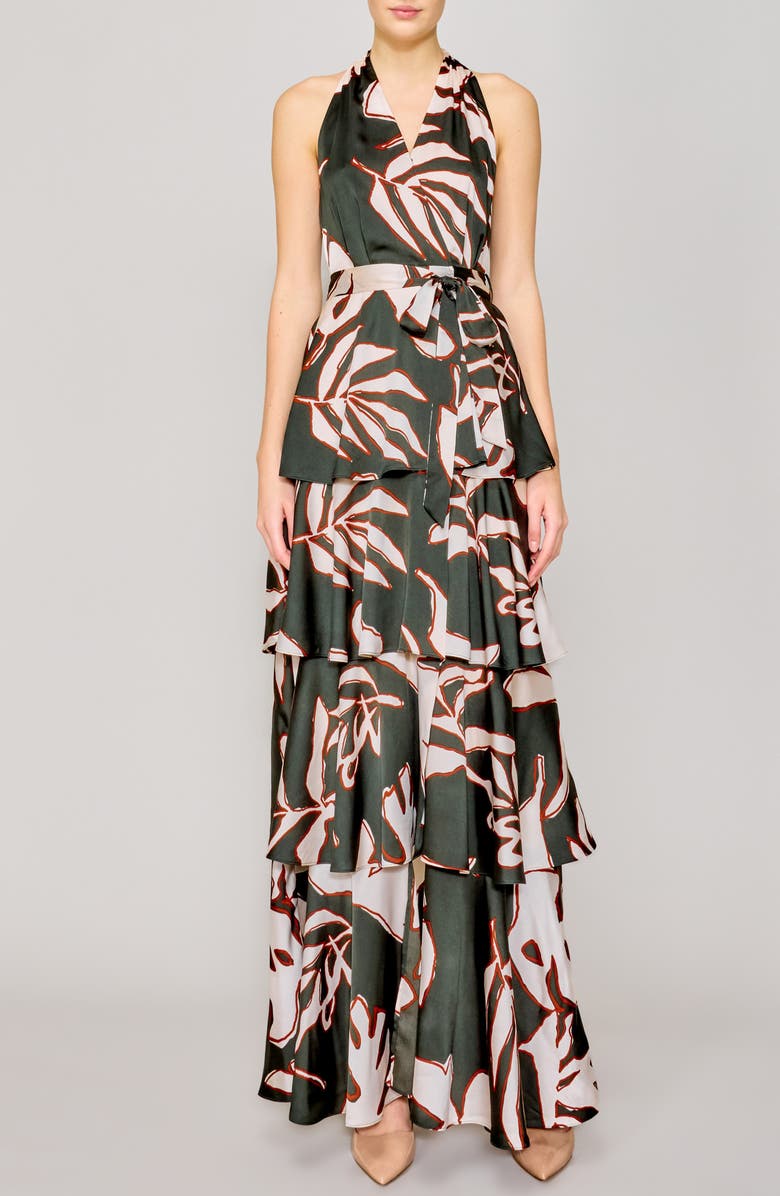 MELLODAY Printed Tiered Faux Wrap Maxi Cocktail Dress, Main, color, 