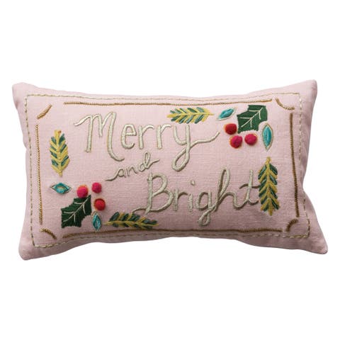 Slub Lumbar Pillow with Hand-Embroidery, Pom Poms, Beads, Metallic Thread and Velvet Back "Merry and Bright"