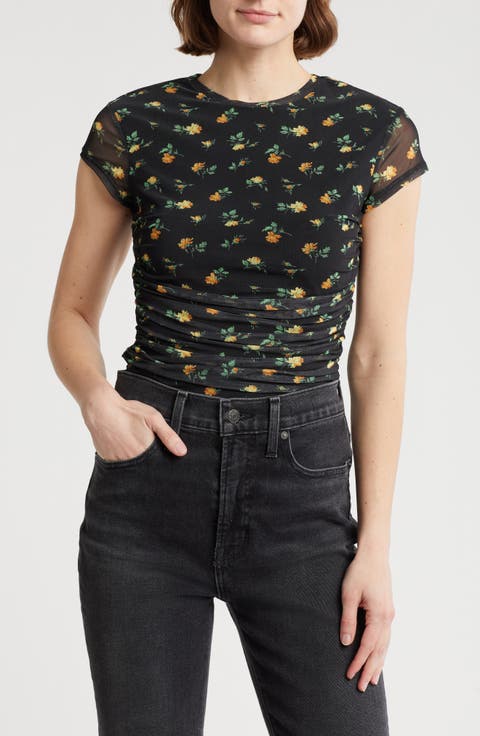 Lacey Cap Sleeve Ruched Mesh Top