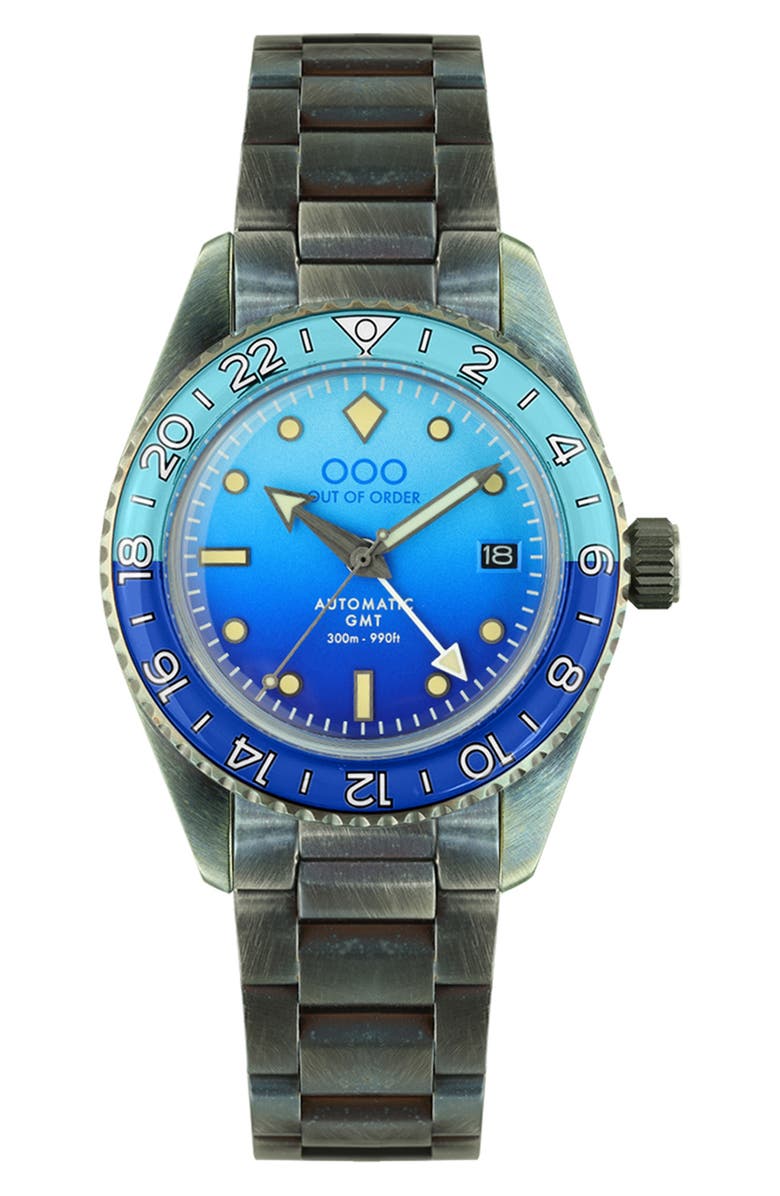 OUT OF ORDER Shaker Automatic GMT Ultra Distressed Bracelet Watch, 40mm, Main, color, Bomba Blue