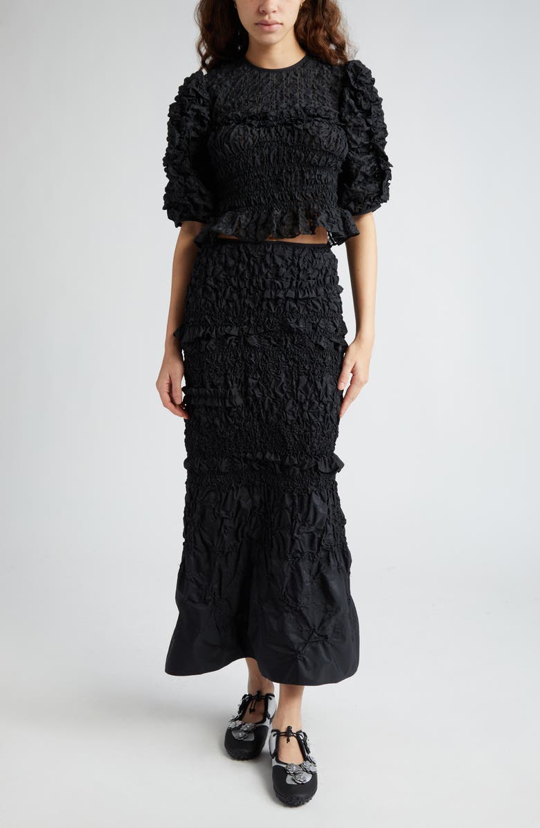 Cecilie Bahnsen Smocked Ruffle Recycled Faille Maxi Skirt, Alternate, color, 