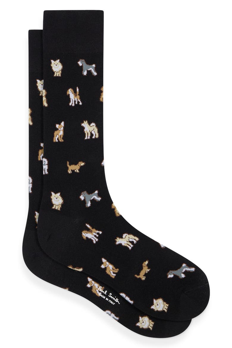 Kyoto Dog Intarsia Dress Socks, Main, color, BLACK