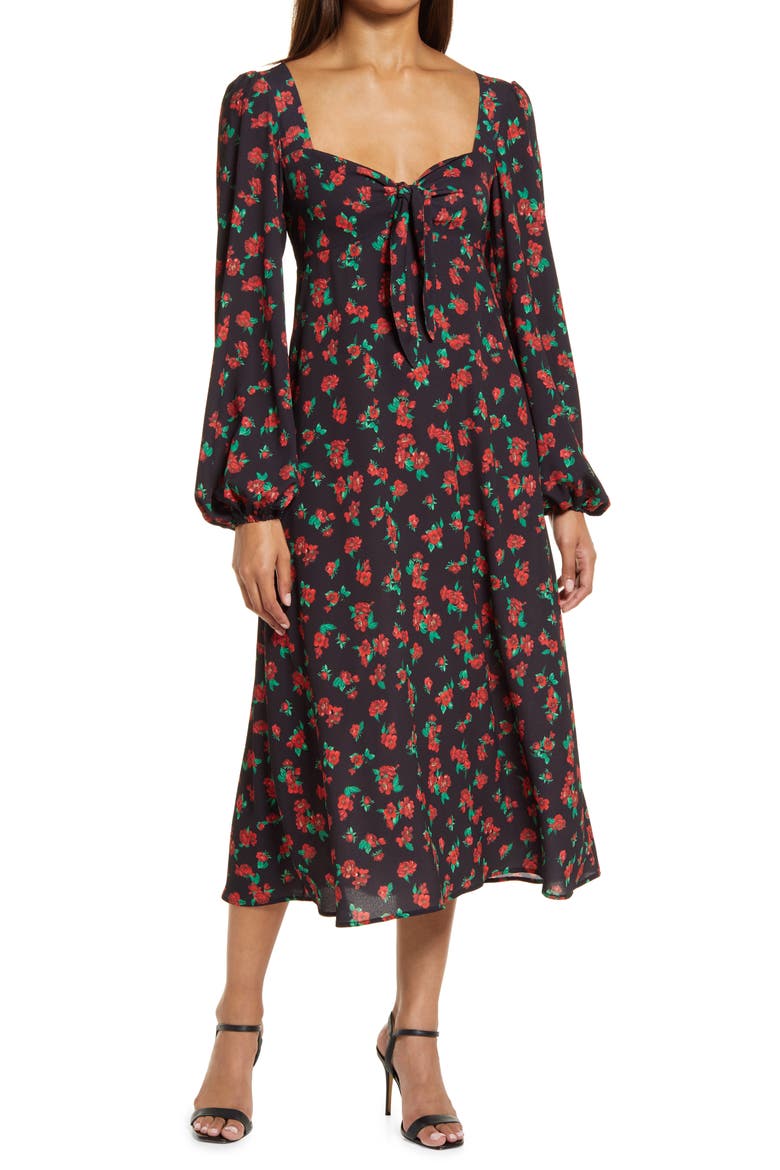Puff Long Sleeve Tie Front Dress, Main, color, ROGUE FLORAL
