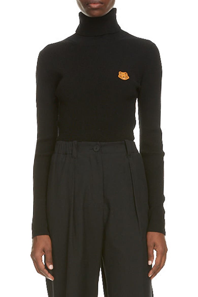 Tiger Crest Rib Merino Wool Turtleneck Sweater, Main, color, BLACK