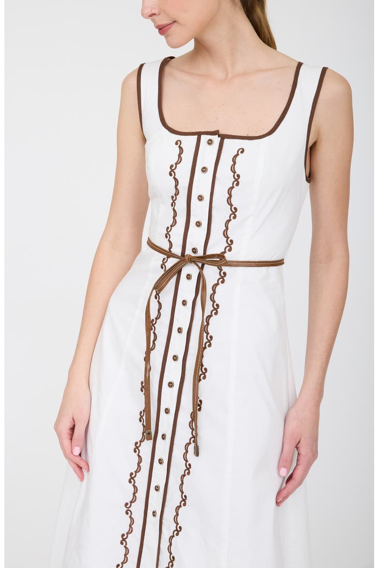 Floral Embroidered Belted Cotton Midi Dress, Alternate, color, OFF WHITE