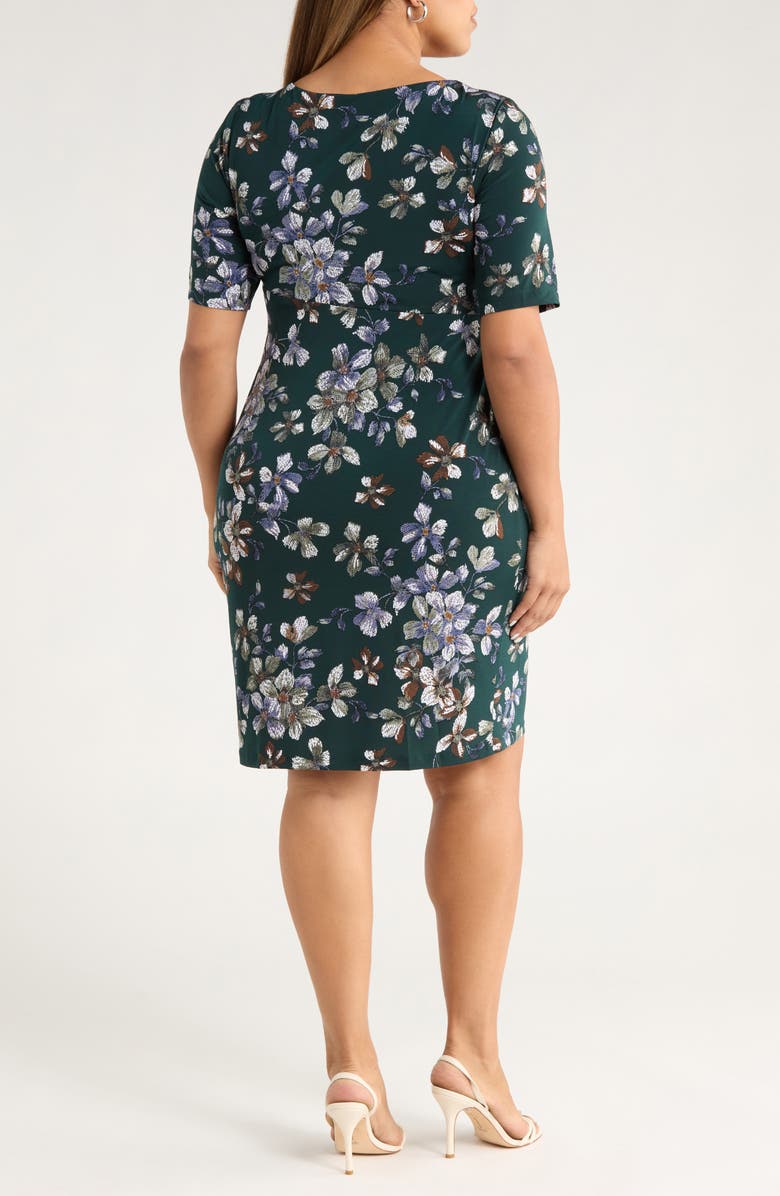 Connected Apparel Floral Side Ruched Knit Dress, Alternate, color, Hunter