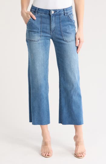 Democracy Raw Hem Crop Flare Utility Jeans In Blue Vintage