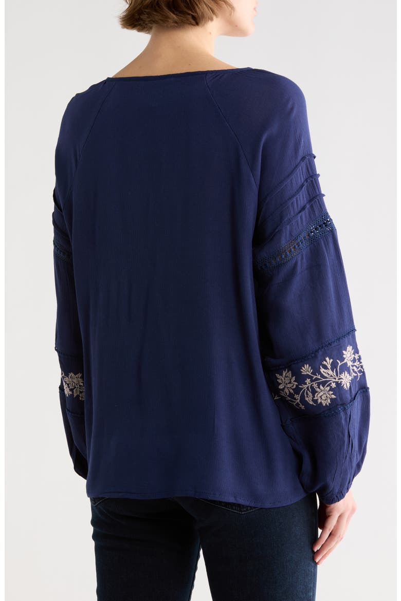 Embroidered Keyhole Long Sleeve Tunic Top, Alternate, color, NAVY