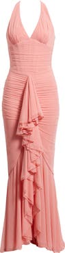 HOUSE OF CB Carmine Mesh Halter Neck Waterfall Gown