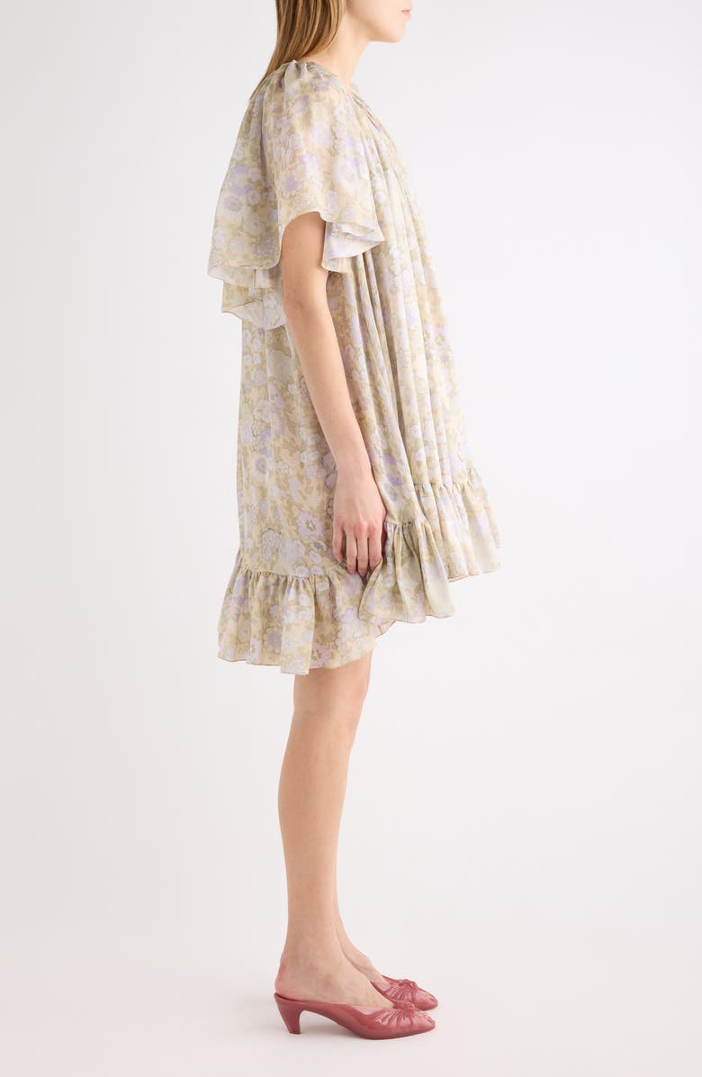Chloé Painted Flowers Gathered Silk Charmeuse Dress, Alternate, color, Multicolor Purple 1
