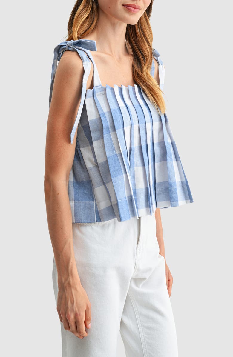 All in Favor Pleated Gingham Tie Strap Top, Alternate, color, Blue Gingham