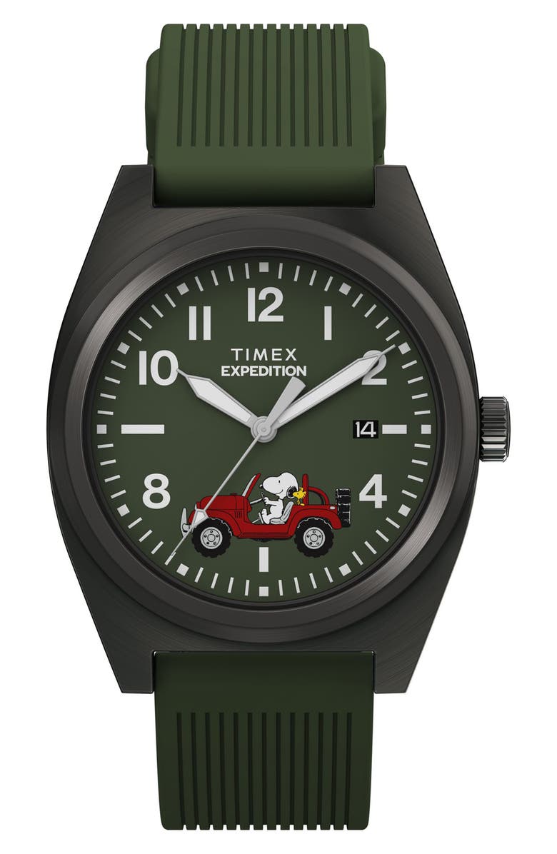 Timex<sup>®</sup> Peanuts<sup>®</sup> x Timex Expedition Snoopy Road Trip 39mm Silicone Strap Watch, Main, color, Green/ Gunmetal