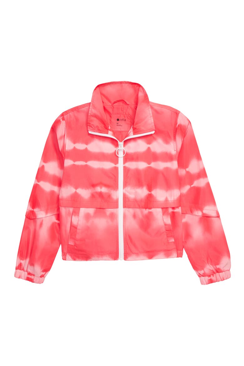Print Active Zip Jacket, Main, color, CORAL TYE DYE