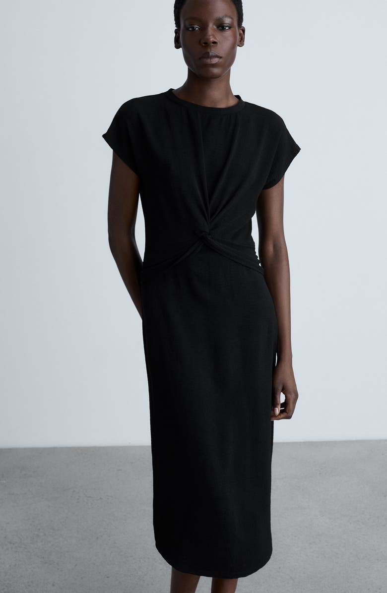 MANGO Knot Front Cap Sleeve Midi Dress, Alternate, color, Black