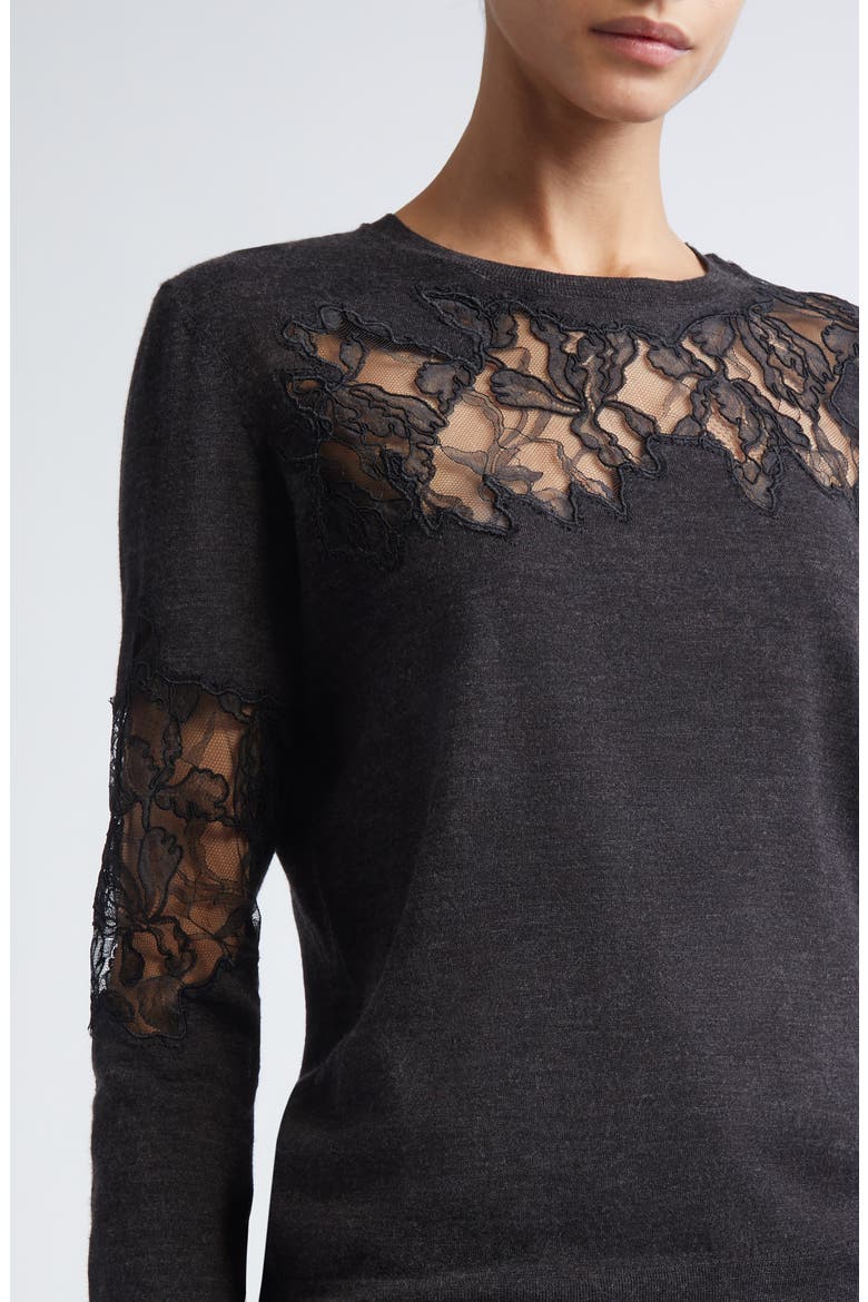 Lace Inset Merino Wool Crewneck Sweater, Alternate, color, GRAPHITE