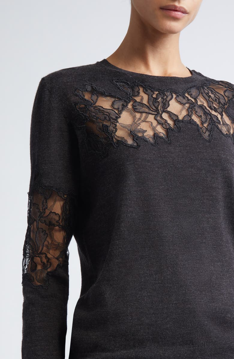 Jason Wu Collection Lace Inset Merino Wool Crewneck Sweater, Alternate, color, Graphite
