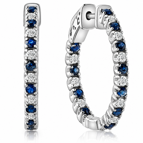 1 1/3Ct Diamond & Blue Sapphire Inside Outside Hoops Lab Grown