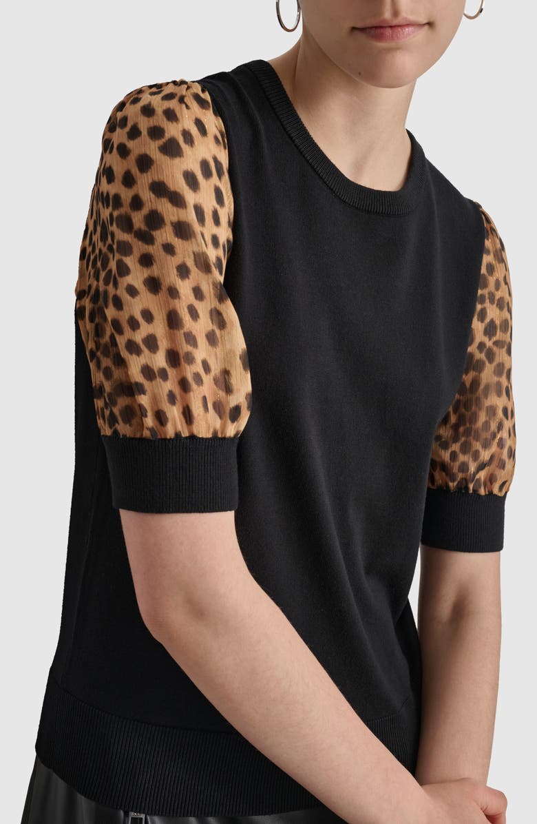 DKNY Metallic Leopard Print Sleeve Mixed Media Sweater, Alternate, color, 