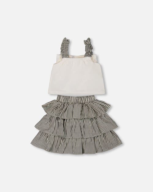 DEUX PAR DEUX DEUX PAR DEUX LITTLE GIRL'S BOW TOP AND RUFFLED SKIRT SET WHITE AND BLACK STRIPED