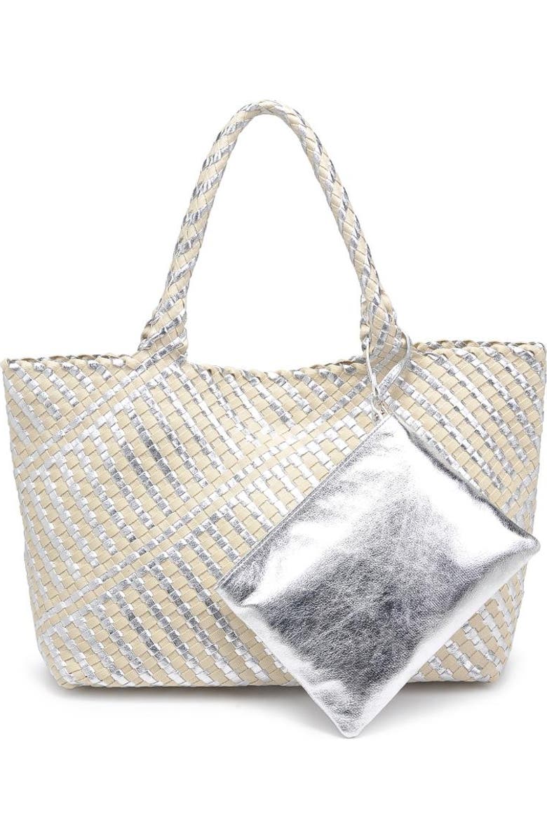 MODA LUXE Solana - Mixed Material Tote, Main, color, Silver Ivory
