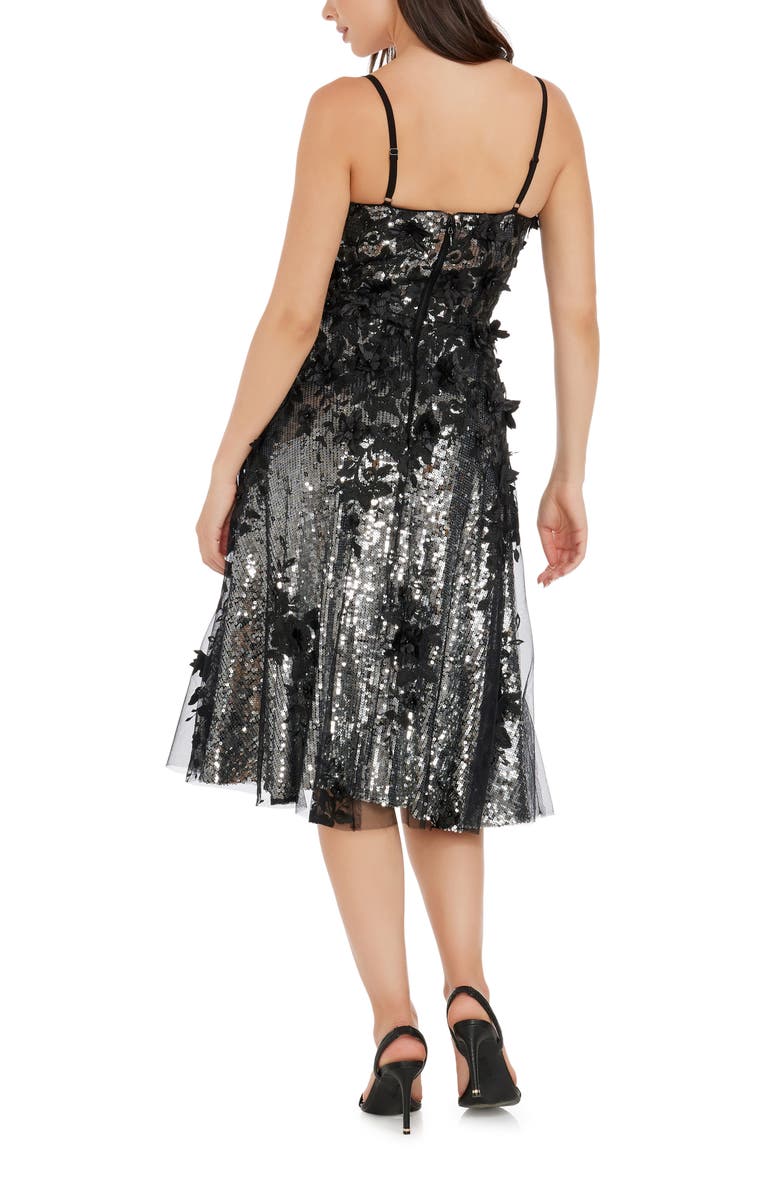 Dress the Population Tahani Sequin Floral Appliqué Cocktail Dress, Alternate, color, Silver-Black