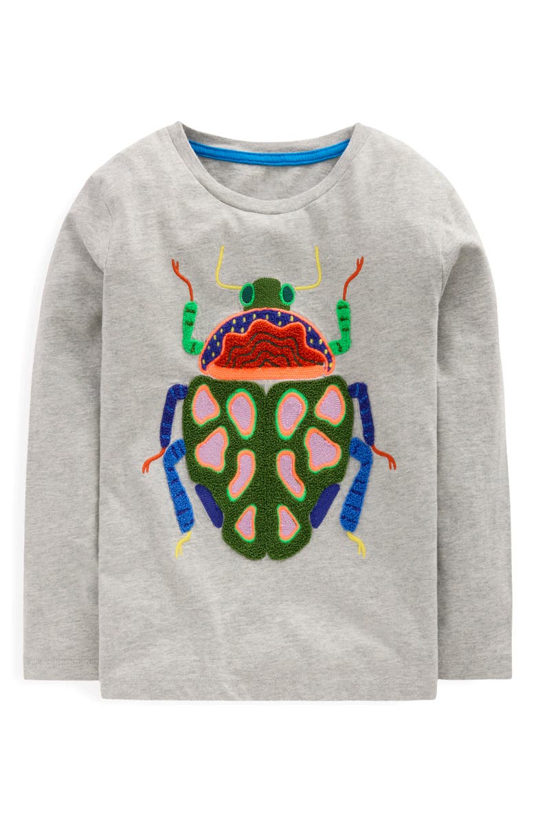 Mini Boden Kids' Beetle Appliqué Long Sleeve Cotton Graphic T-Shirt, Main, color, Grey Insect
