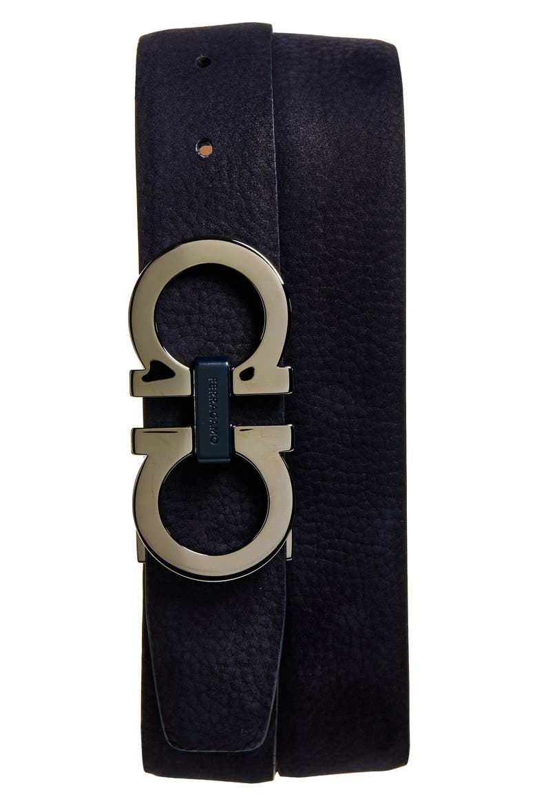 Double Gancio Pebbled Leather Belt, Main, color, NAVY NATURALE