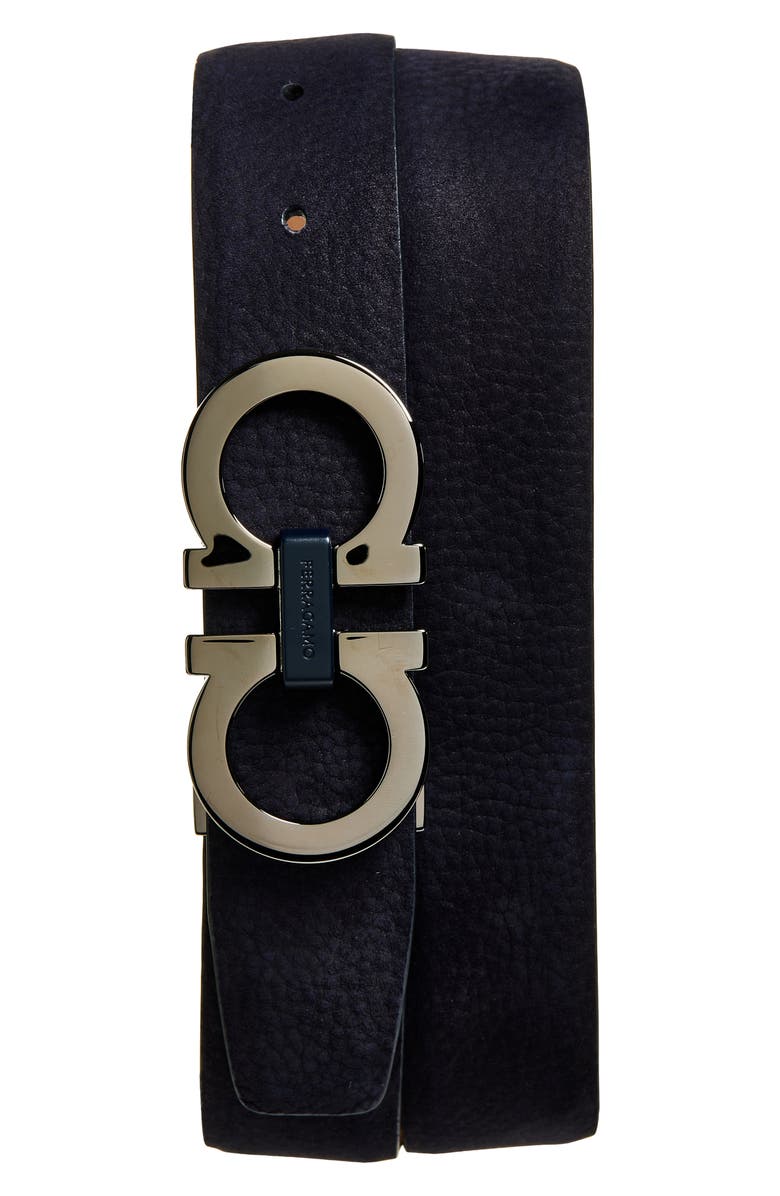 FERRAGAMO Double Gancio Pebbled Leather Belt, Main, color, Navy Naturale
