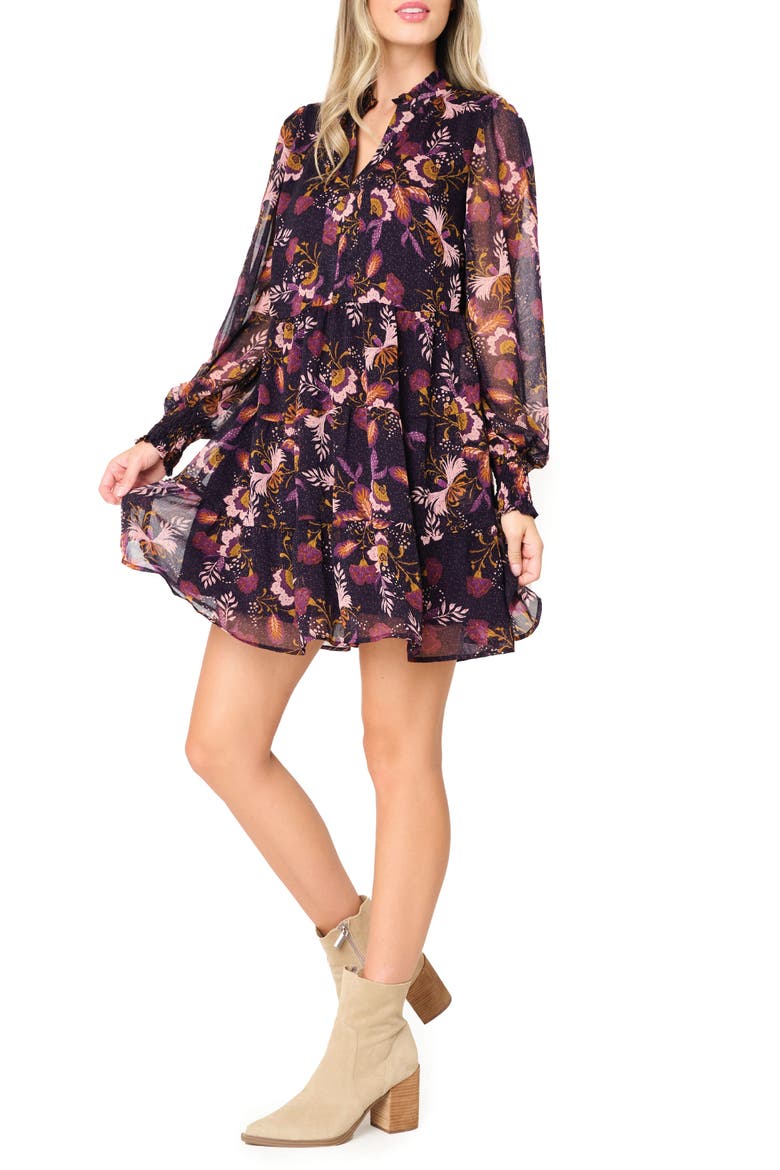 Floral Long Sleeve Chiffon Babydoll Dress, Alternate, color, B EGGPLANT