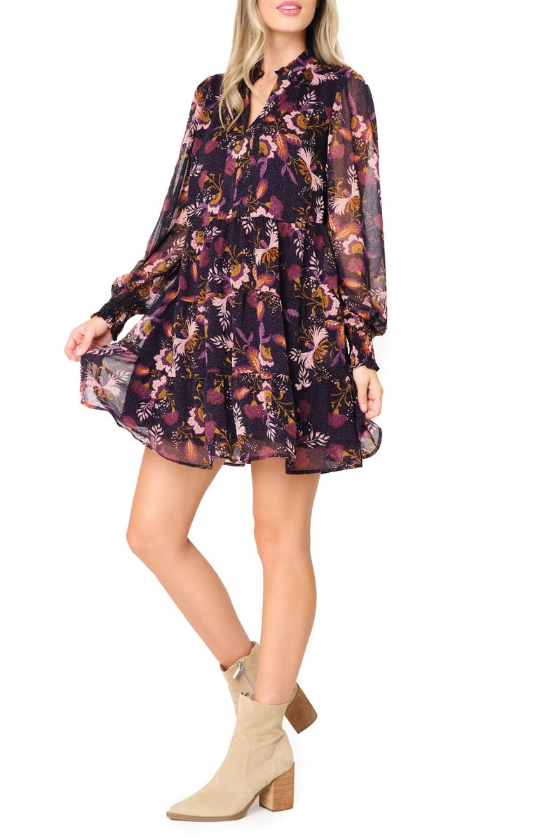 GIBSONLOOK Floral Long Sleeve Chiffon Babydoll Dress, Alternate, color, Botanical Eggplant