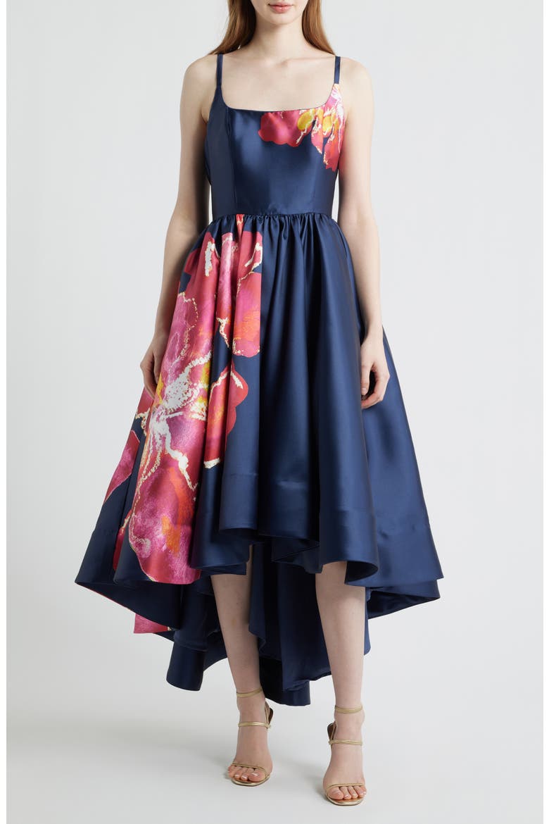 Shyloh Floral Mikado High-Low Gown, Main, color, NAVY/ RASPBERRY WATERCOLOR