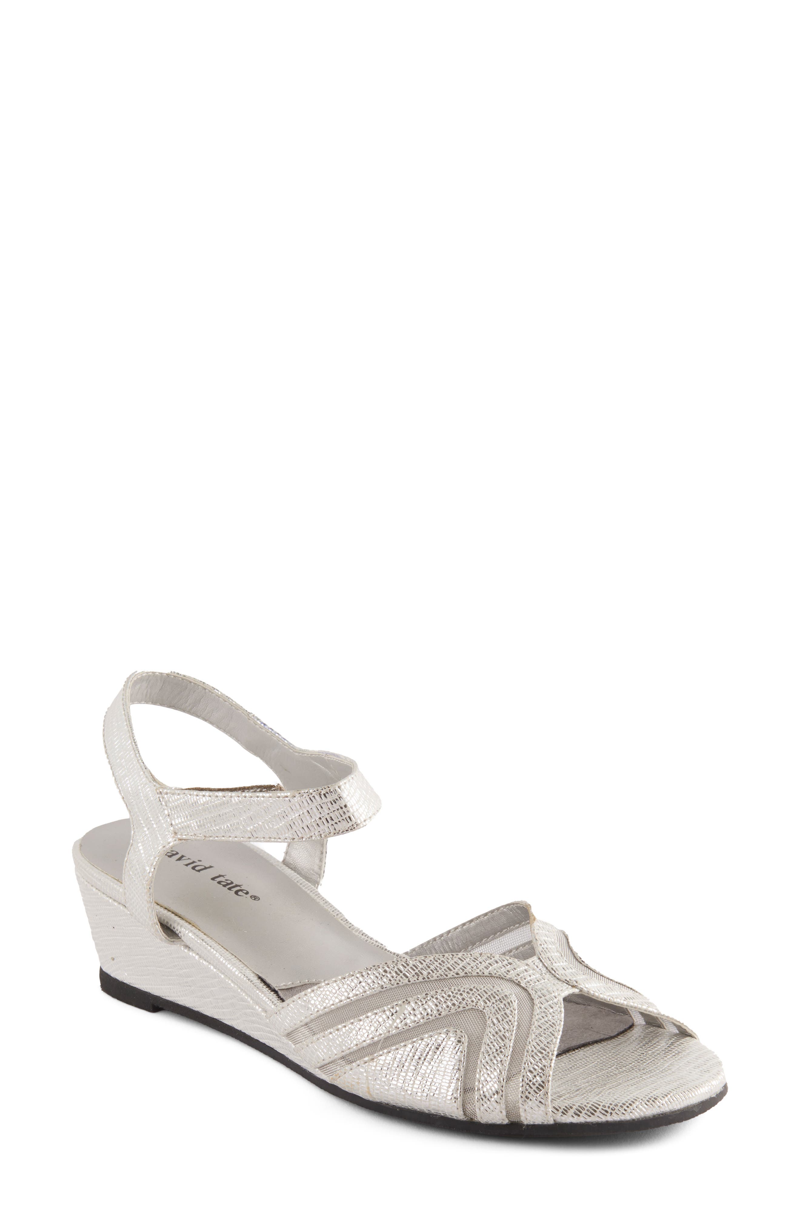 Abano Faux Leather Wedge Sandal, Main, color, SILVER PRINT