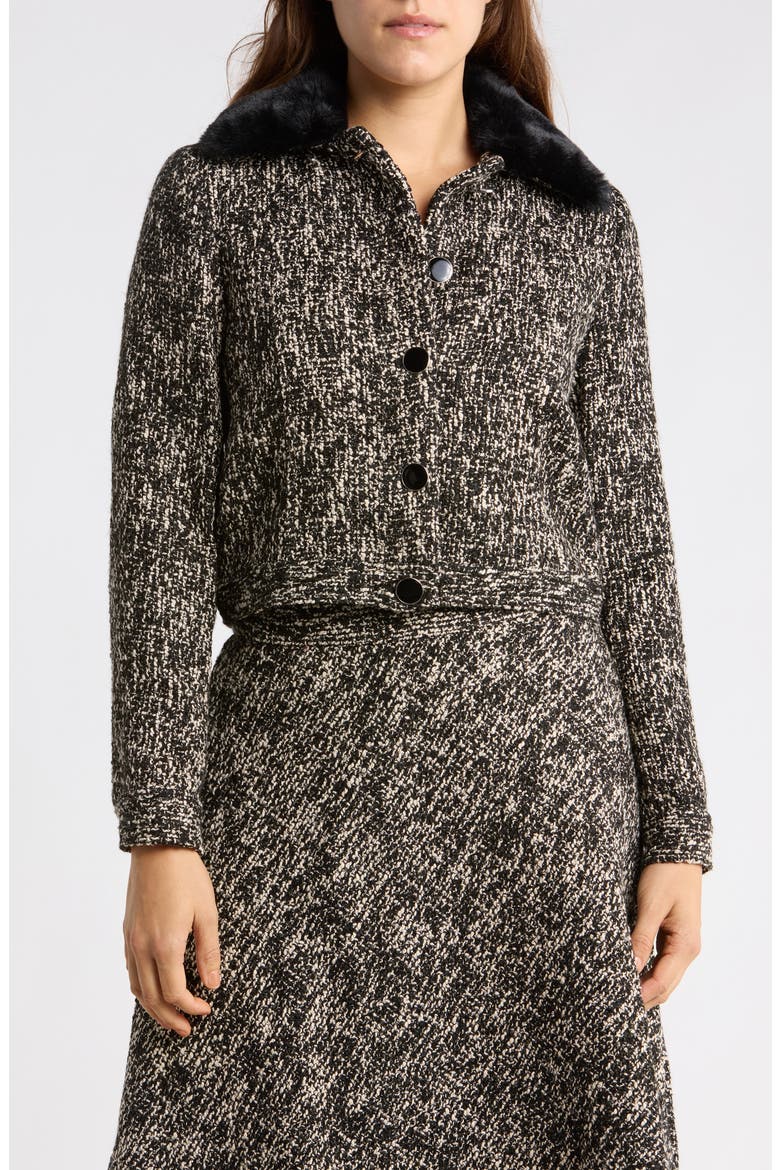 Faux Fur Collared Bouclé Jacket, Main, color, BLACK/ IVORY