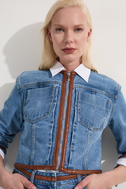 Karen Millen Denim & Leather Collarless Jacket In Blue