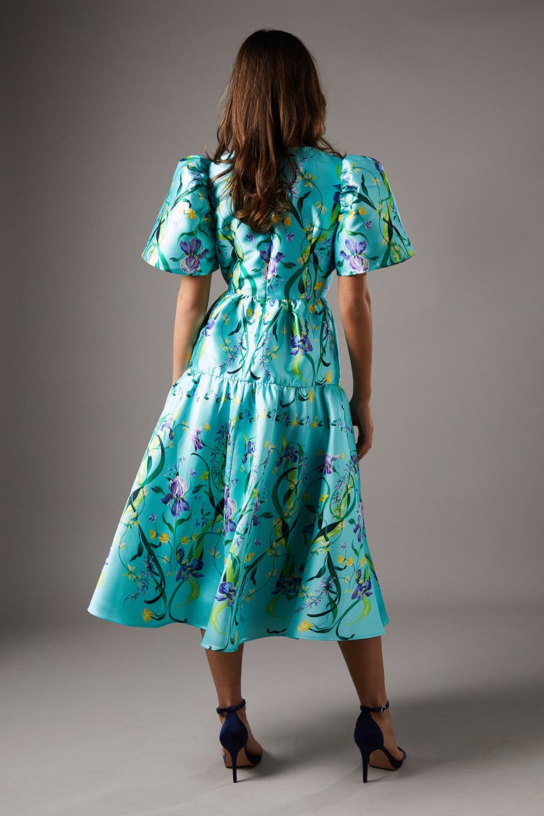 Twill Puff Sleeve Printed Midi Dress, Alternate, color, Green