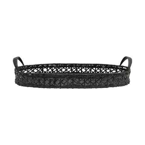 Decorative Hand-Woven Rattan Tray with Handles, Black