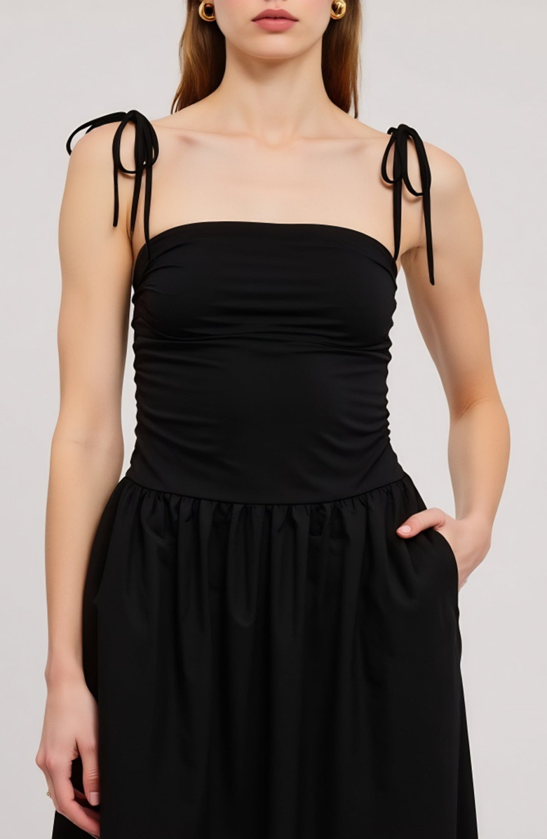 Modenaire Ruched Bodice Tie Strap Gathered Skirt Midi Dress, Alternate, color, Black