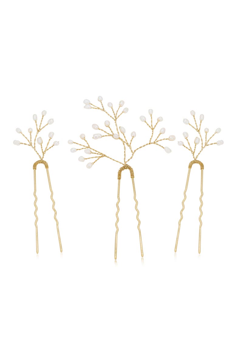 Beryl Set of 3 Imitation Pearl Hair Pins, Alternate, color, GOLD