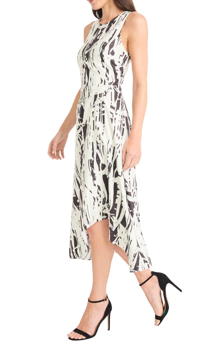 Maggy London Abstract Print Asymmetrical Midi Dress, Alternate, color, Vanilla/ Black