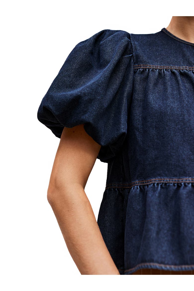 Denim Puff Sleeve Tie Neck Top, Alternate, color, Blue