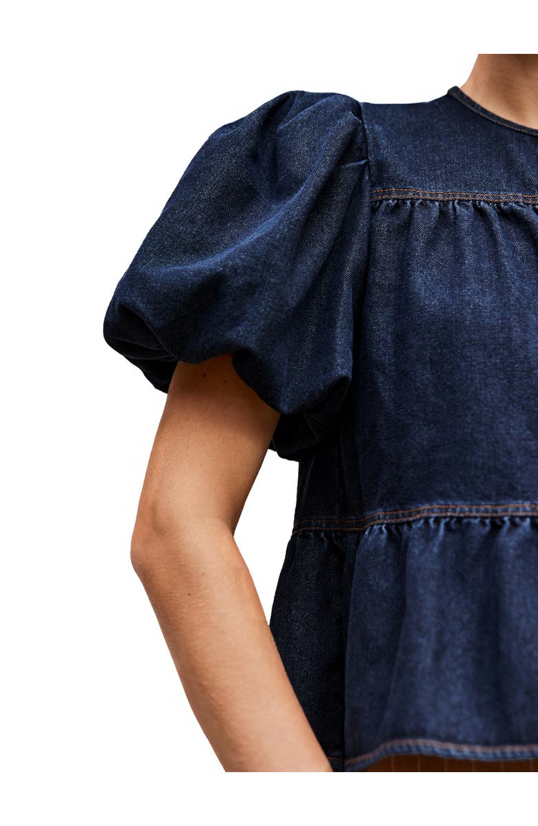 Ro&Zo Denim Puff Sleeve Tie Neck Top, Alternate, color, Blue