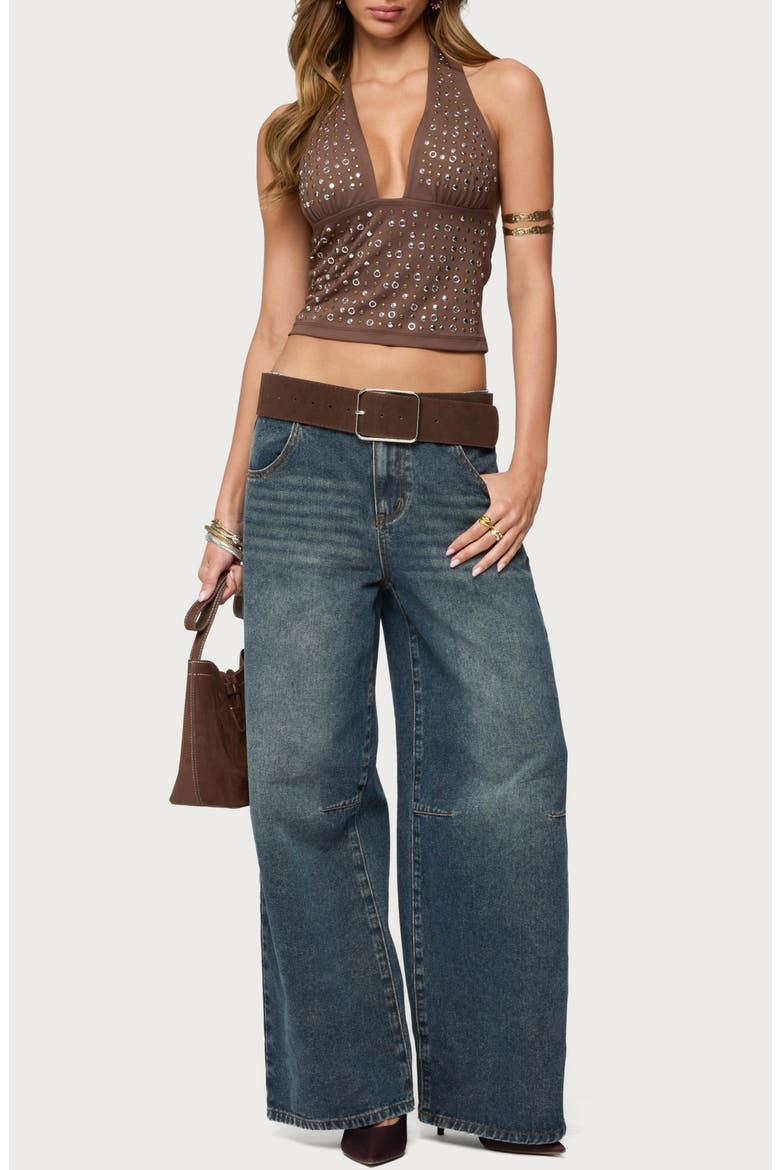 Jackie Studded Grommet Halter Top, Alternate, color, BROWN